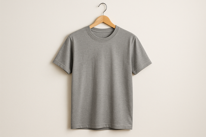 A grey T shirt on a hanger 